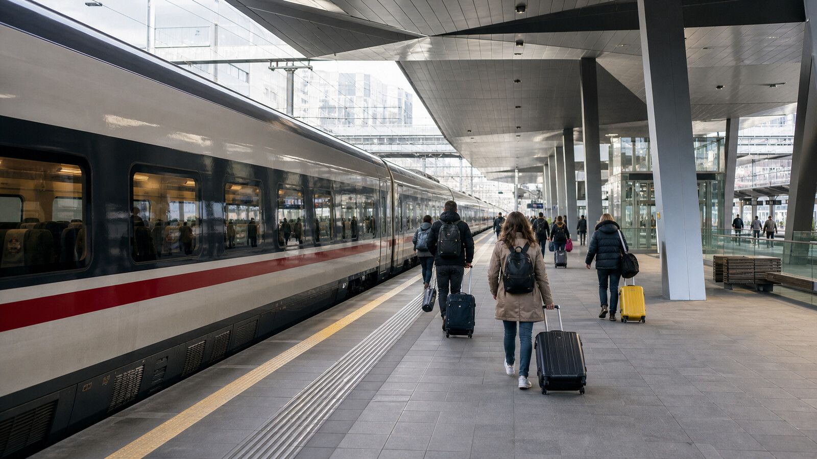 Платформа Wien Hauptbahnhof с поездом дальнего следования и пассажирами с багажом